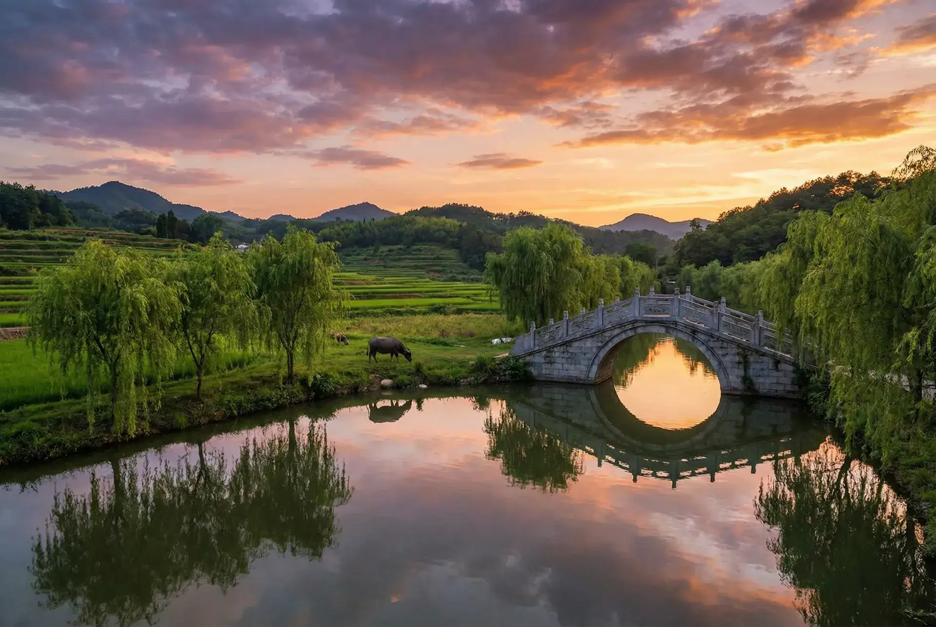夕阳下的石拱桥与垂柳，水牛在河边吃草 - 陈道明 女儿 乡村美景